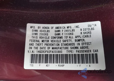 2015 Honda Accord Exl from USA, damaged, VIN 1HGCR3F82FA000880